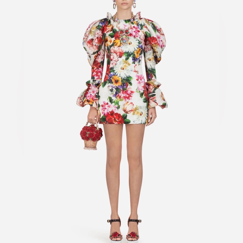 Dolce & Gabbana Puff-Shoulder Floral Mini Dress